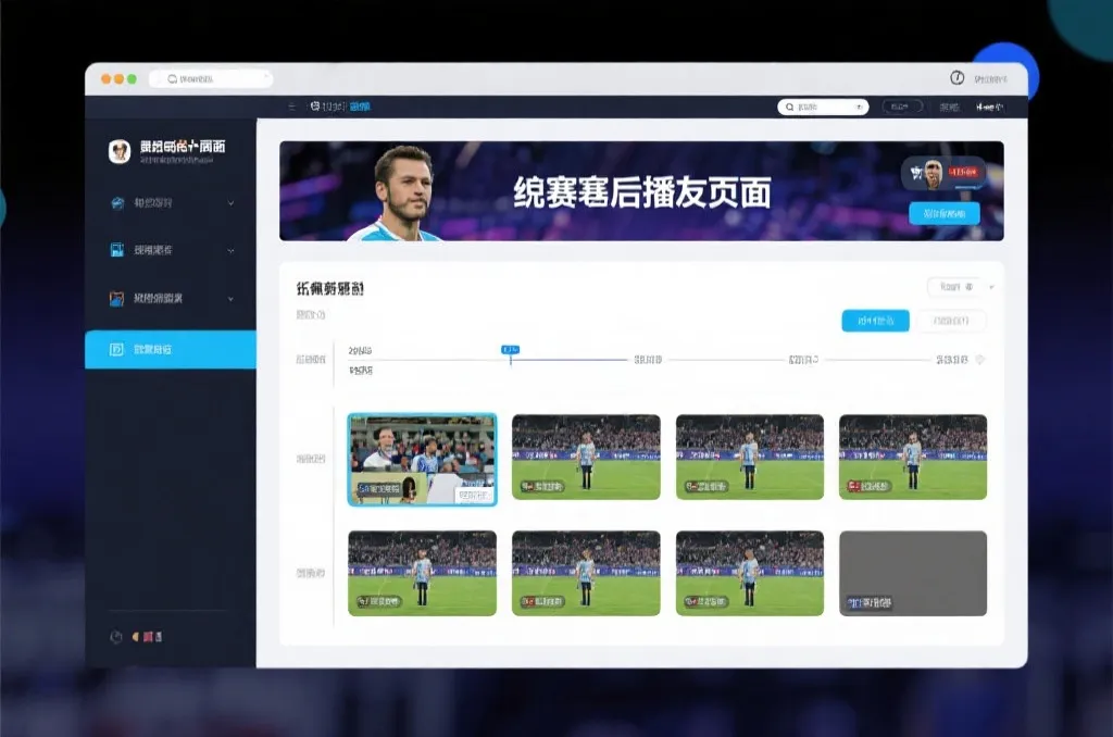 比赛结束后，电视屏幕展示集锦回放页面，旁边有时间轴和多角度切换提示
